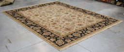 7x9 India Japiur Traditional Beige Black Wool Rectangular Rug