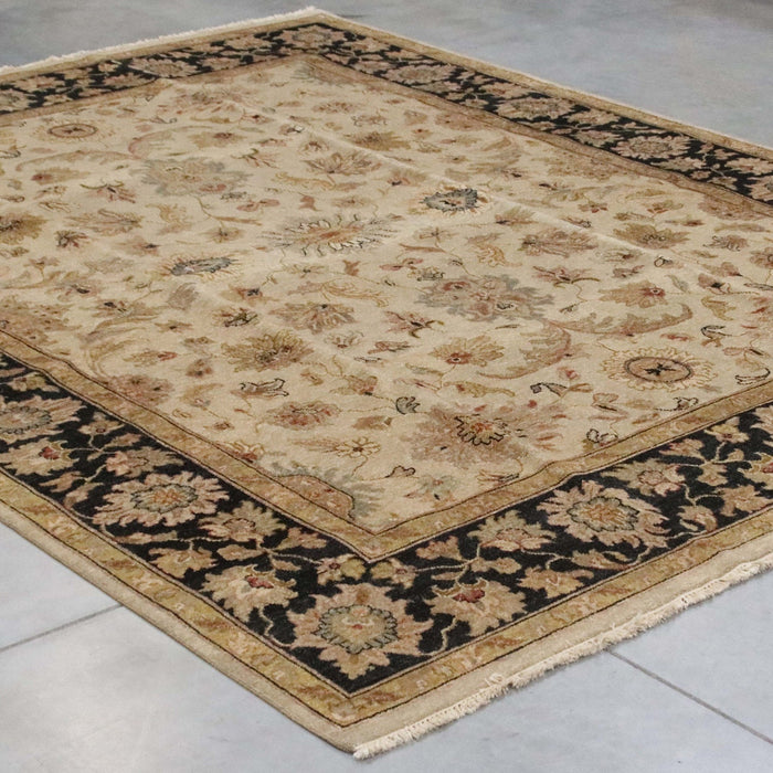 7x9 India Japiur Traditional Beige Black Wool Rectangular Rug