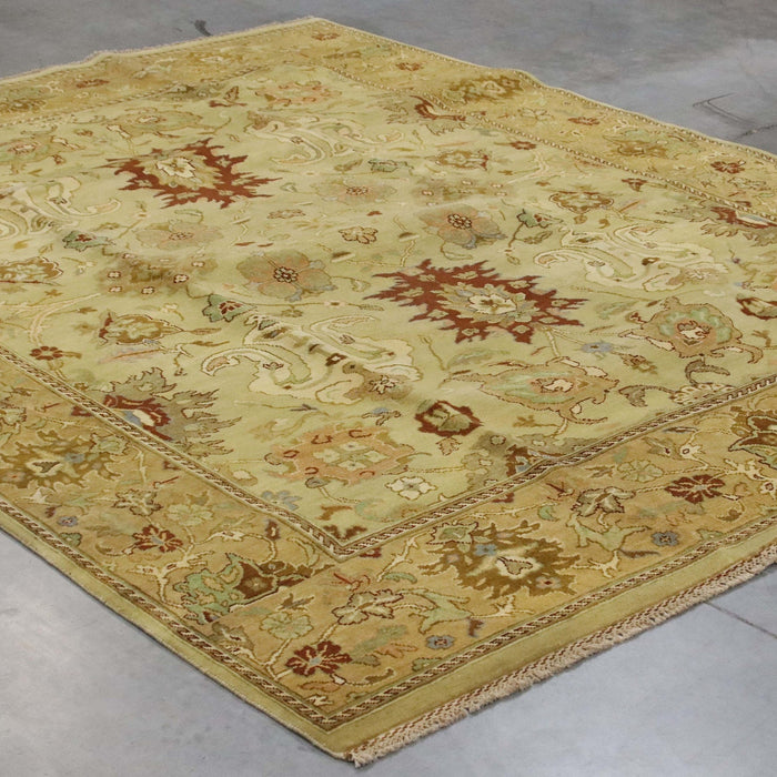 8x9 India Japiur Traditional Green Gold Wool Rectangular Rug