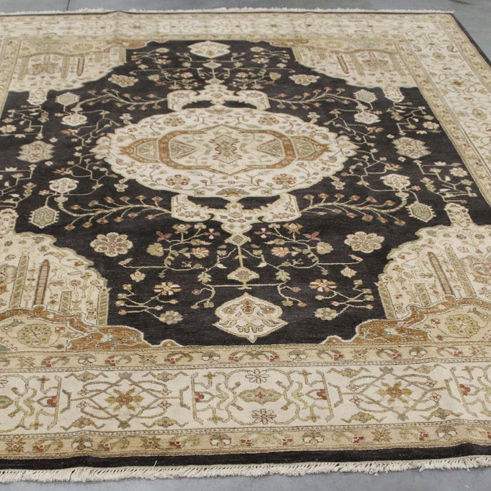 7x10 India Oushak Black Ivory Wool Rectangular Rug