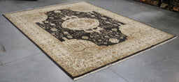 7x10 India Oushak Black Ivory Wool Rectangular Rug