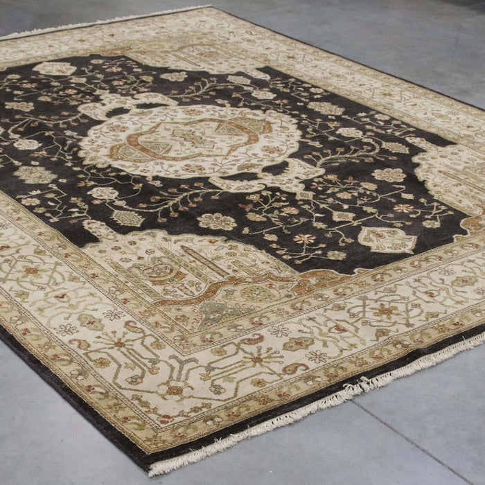 7x10 India Oushak Black Ivory Wool Rectangular Rug