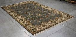 5x8 India Japiur Traditional Blue Ivory Wool Rectangular Rug