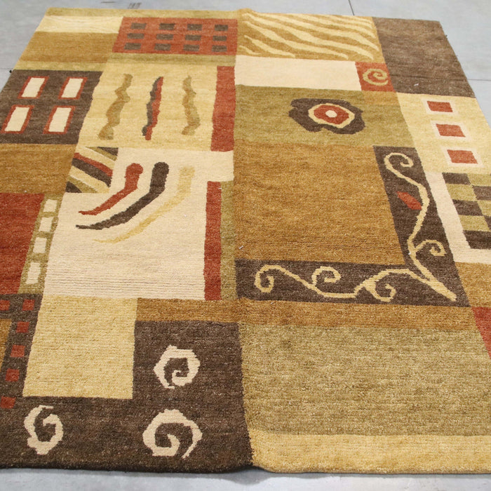 6x9 India Abstract Modern Contemporary Multicolored Green Brown Wool Rectangular Rug