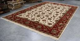 10x14 India Japiur Traditional Ivory Red Wool and Silk Rectangular Rug