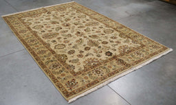 6x8 India Japiur Traditional Ivory Gold Wool Rectangular Rug