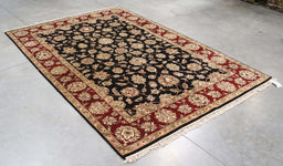 5x8 India Japiur Traditional Black Red Burgundy Wool Rectangular Rug