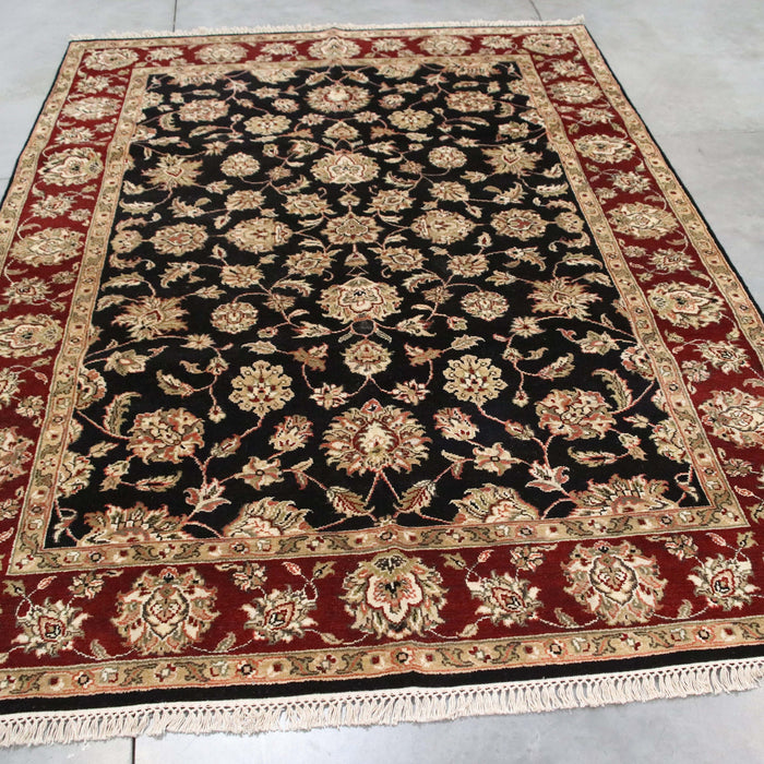 5x8 India Japiur Traditional Black Red Burgundy Wool Rectangular Rug