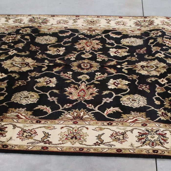 6x9 India Japiur Traditional Black Ivory Wool Rectangular Rug