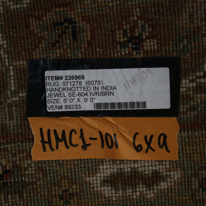 6x9 India Japiur Traditional Ivory Brown Wool Rectangular Rug