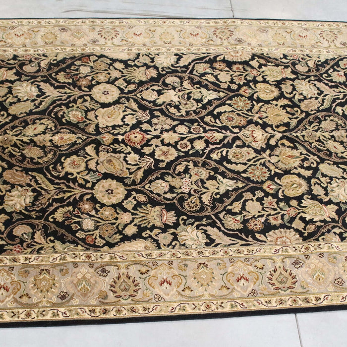 6x9 India Japiur Traditional Black Grey Wool Rectangular Rug