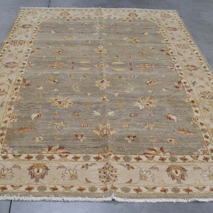 6x9 India Oushak Green Ivory Wool Rectangular Rug