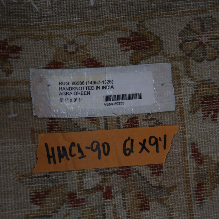 6x9 India Oushak Green Ivory Wool Rectangular Rug