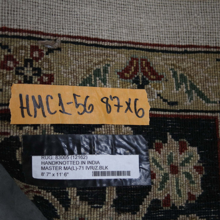 9x12 India Japiur Traditional Ivory Black Wool Rectangular Rug