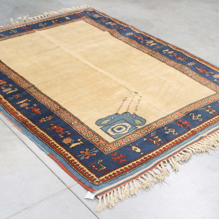 5x7 Turkey Turkish Ivory Blue Wool Rectangular Rug