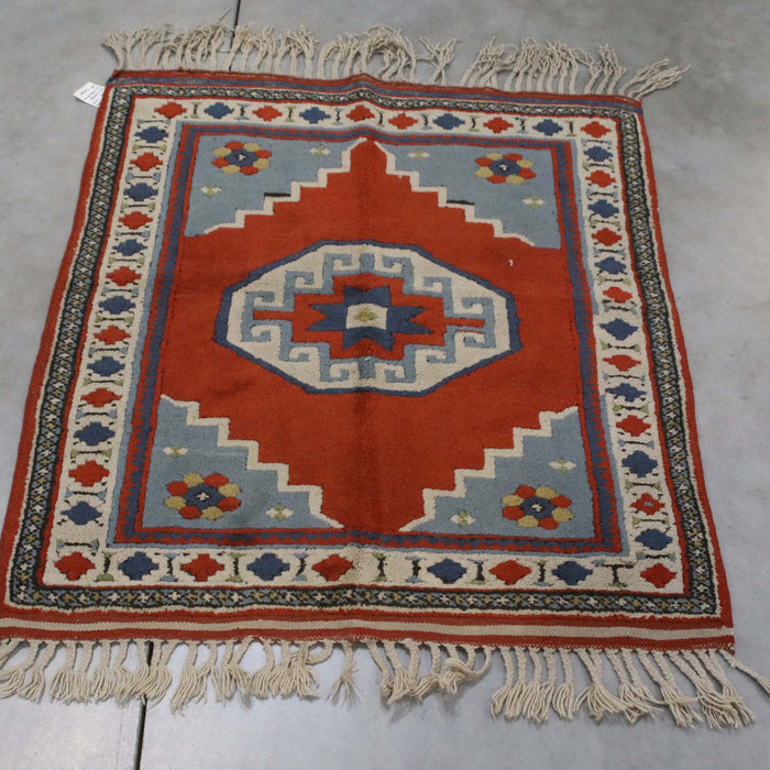 3x4 Turkey Geometic Turkish Terracotta Blue Wool Rectangular Rug