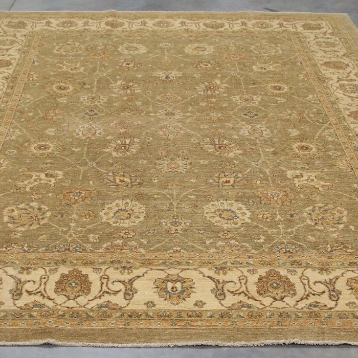 8x11 Pakistan Oushak Green Ivory Wool Rectangular Rug