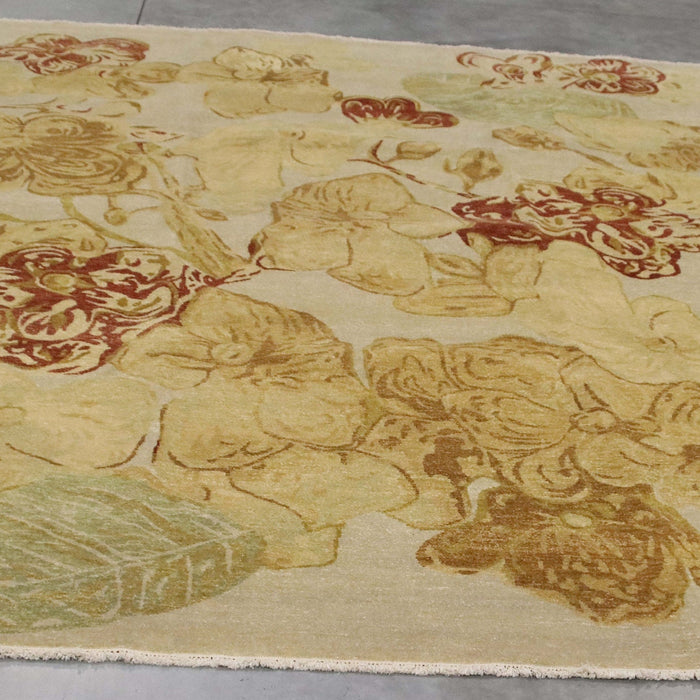 8x9 Pakistan Abstract Modern Contemporary Flowers Ivory Gold Wool Rectangular Rug