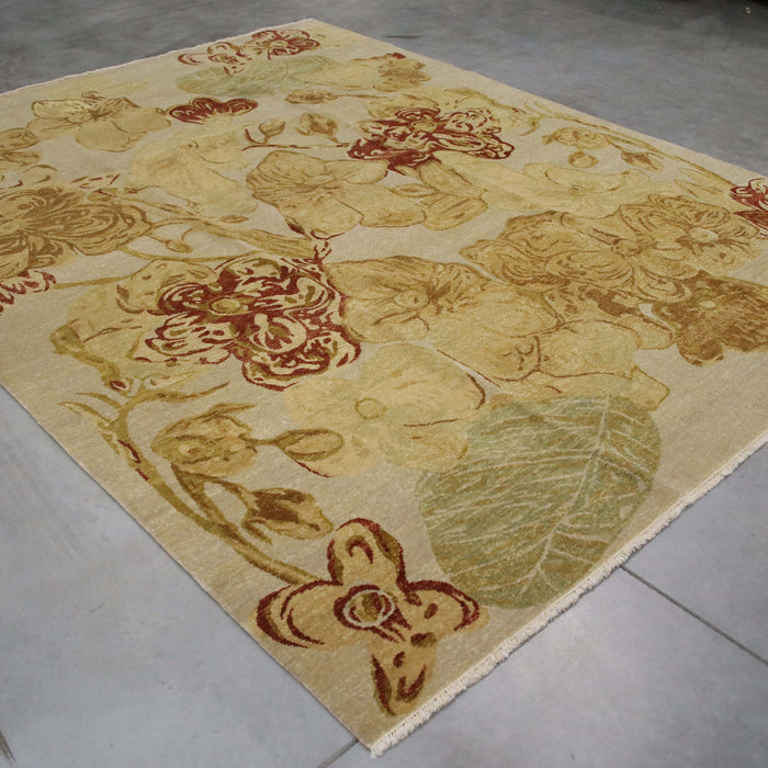 8x9 Pakistan Abstract Modern Contemporary Flowers Ivory Gold Wool Rectangular Rug