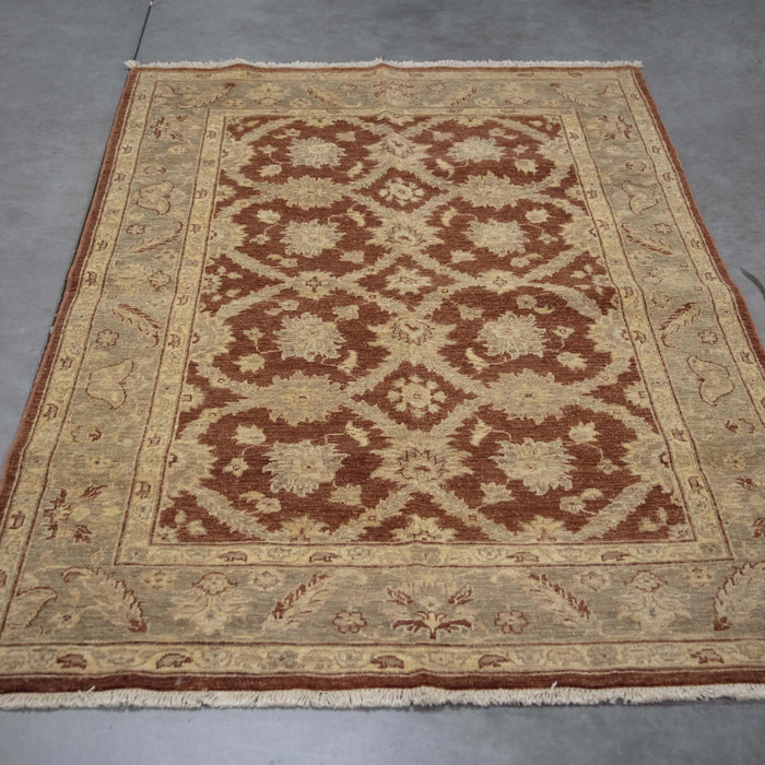 4x5 Pakistan Oushak Terracotta Green Wool Rectangular Rug