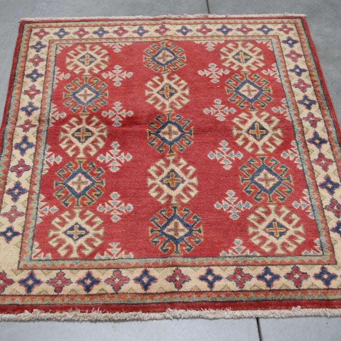 4x3 Pakistan Geometric Kazak Red Ivory Wool Rectangular Rug