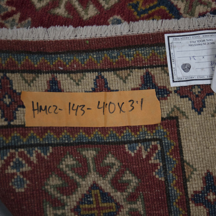 4x3 Pakistan Geometric Kazak Red Ivory Wool Rectangular Rug