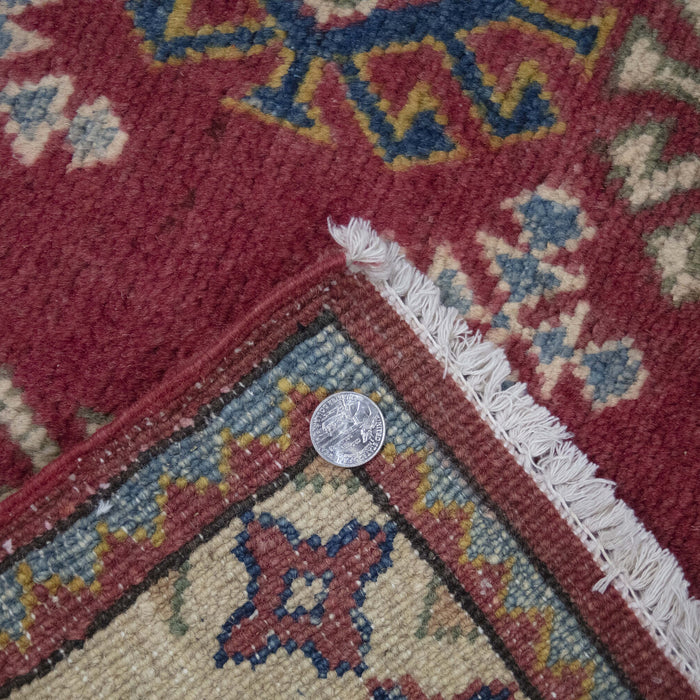 4x3 Pakistan Geometric Kazak Red Ivory Wool Rectangular Rug