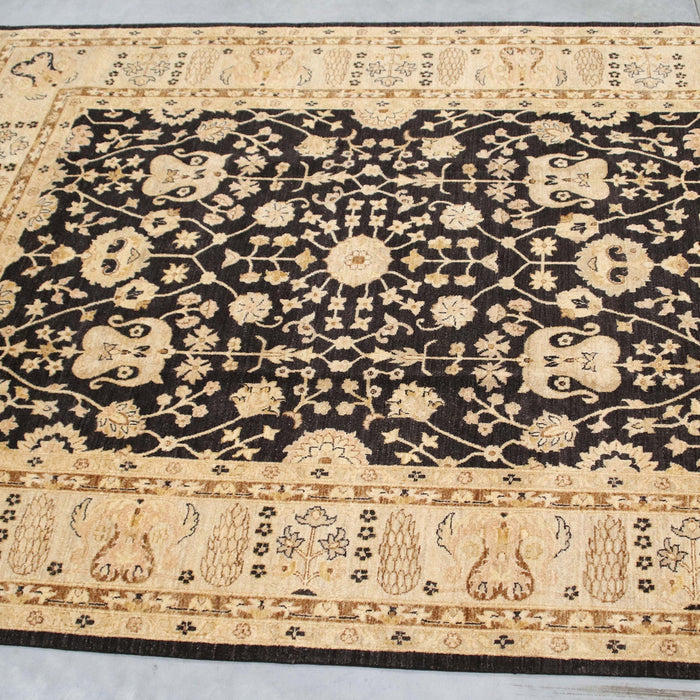 8x10 Pakistan Oushak Black Ivory Wool Rectangular Rug