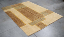 6x7 Pakistan Abstract Modern Contemporary Ivory Brown Wool Rectangular Rug