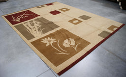 8x10 Nepal Abstract Modern Contemporary Ivory Brown Wool Rectangular Rug