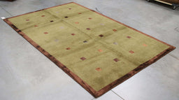 5x8 Nepal Abstract Modern Contemporary Green Brown Wool and Silk Rectangular Rug