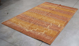 6x8 Nepal Abstract Modern Contemporary Gold Brown Wool and Silk Rectangular Rug