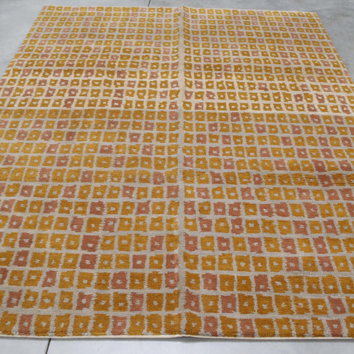 6x9 Nepal Abstract Modern Contemporary Checkered Multicolored Gold Wool Rectangular Rug