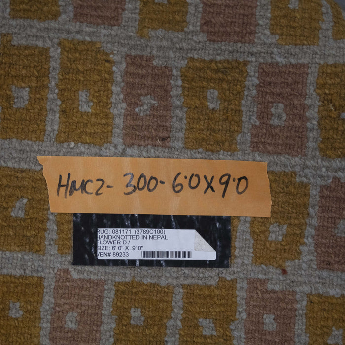 6x9 Nepal Abstract Modern Contemporary Checkered Multicolored Gold Wool Rectangular Rug