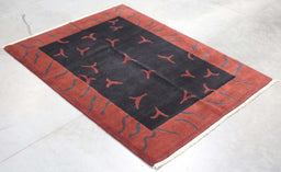 5x7 Nepal Abstract Modern Contemporary Black Red Wool Rectangular Rug