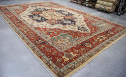 12x18 India Persian Geometric Heriz Terrocotta Navy Blue Wool Rectangular Rug