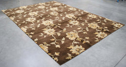 8x11 India Abstract Modern Contemporary Flowers Brown Green Wool and Silk Rectangular Rug