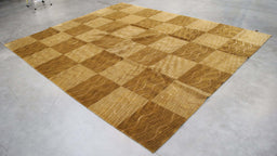 8x9 India Abstract Modern Contemporary Checkered Gold Brown Wool and Silk Rectangular Rug