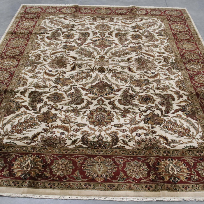 10x14 India Jaipur Ivory Red Wool Rectangular Rug