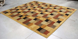 8x9 India Abstract Modern Contemporary Checkered Multicolored Brown Wool Rectangular Rug