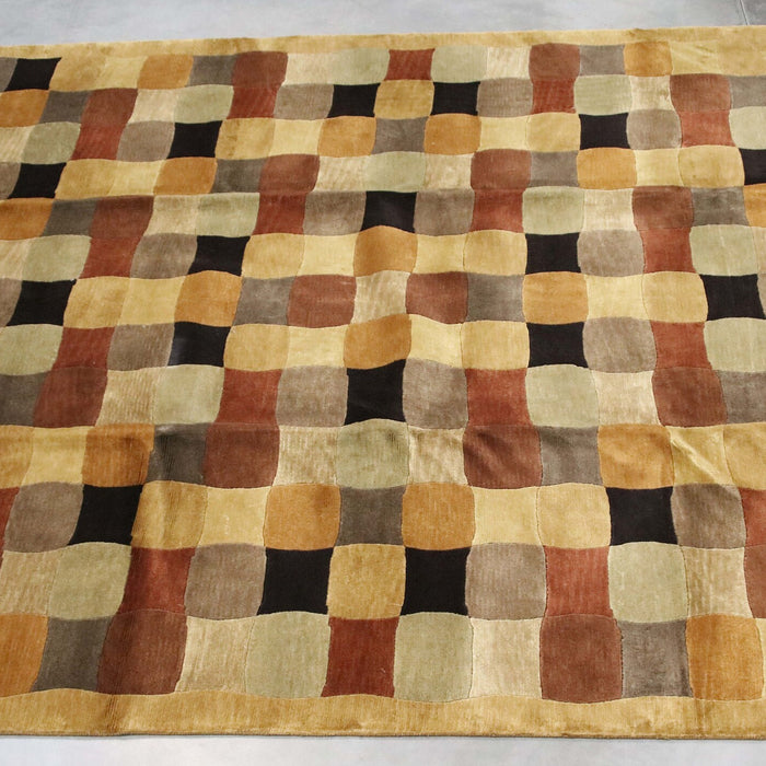 8x9 India Abstract Modern Contemporary Checkered Multicolored Brown Wool Rectangular Rug