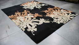 8x11 India Abstract Modern Contemporary Floral Black Ivory Wool and Silk Rectangular Rug