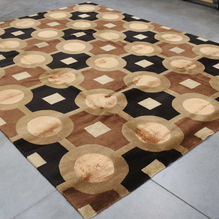 8x10 India Abstract Modern Contemporary Brown Black Wool and Silk Rectangular Rug