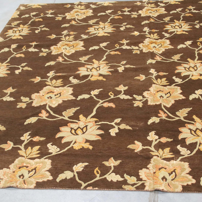 8x10 India Abstract Modern Contemporary Flowers Brown Gold Wool and Silk Rectangular Rug