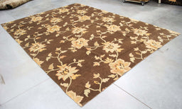 8x10 India Abstract Modern Contemporary Flowers Brown Gold Wool and Silk Rectangular Rug