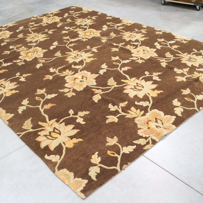 8x10 India Abstract Modern Contemporary Flowers Brown Gold Wool and Silk Rectangular Rug