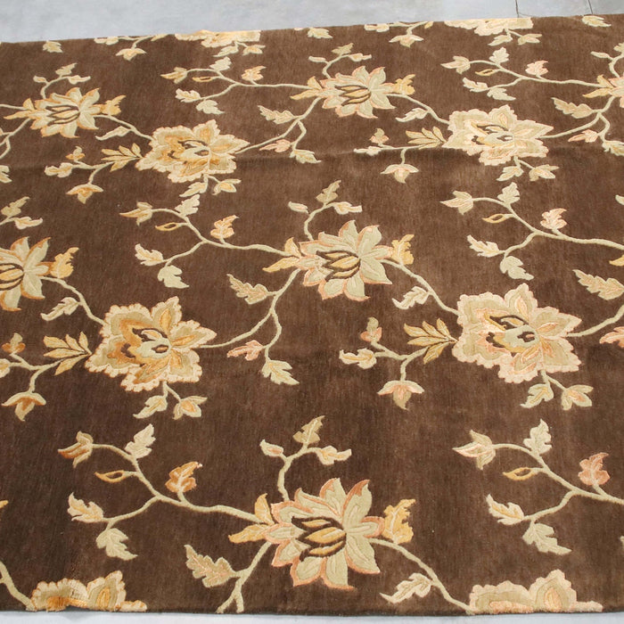 8x10 India Abstract Modern Contemporary Flowers Brown Gold Wool and Silk Rectangular Rug