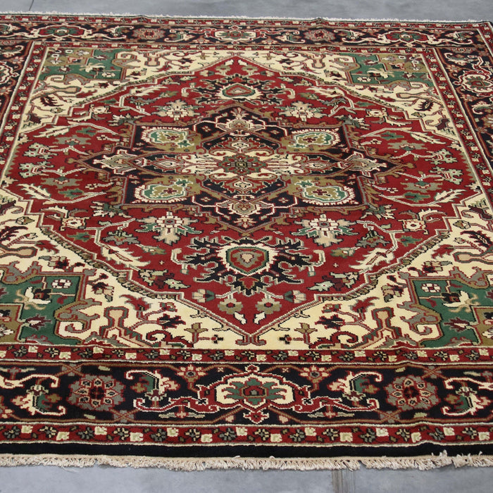 8x10 India Geometric Persian Heriz Red Black Wool Rectangular Rug