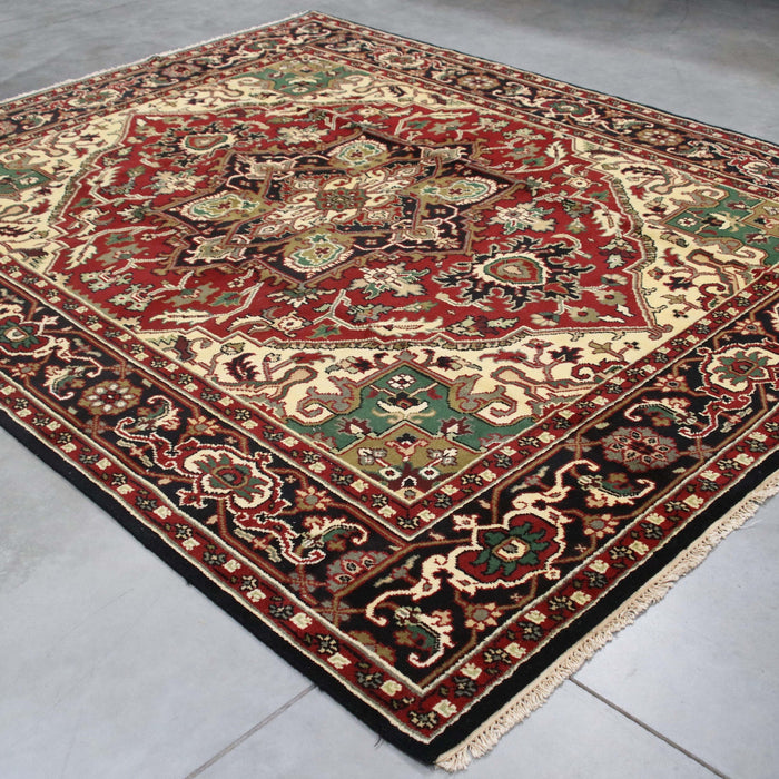 8x10 India Geometric Persian Heriz Red Black Wool Rectangular Rug