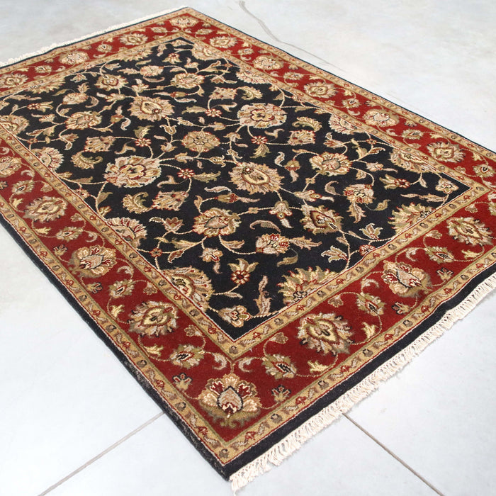 4x7 India Jaipur Black Red Burgundy Wool Rectangular Rug